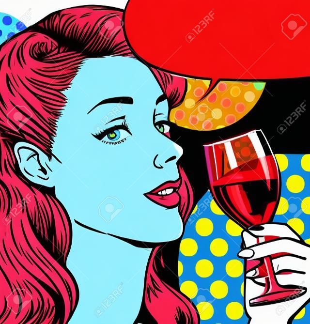 Ilustración de arte pop de mujer con la copa de vino con bocadillo. Muchacha del arte pop.