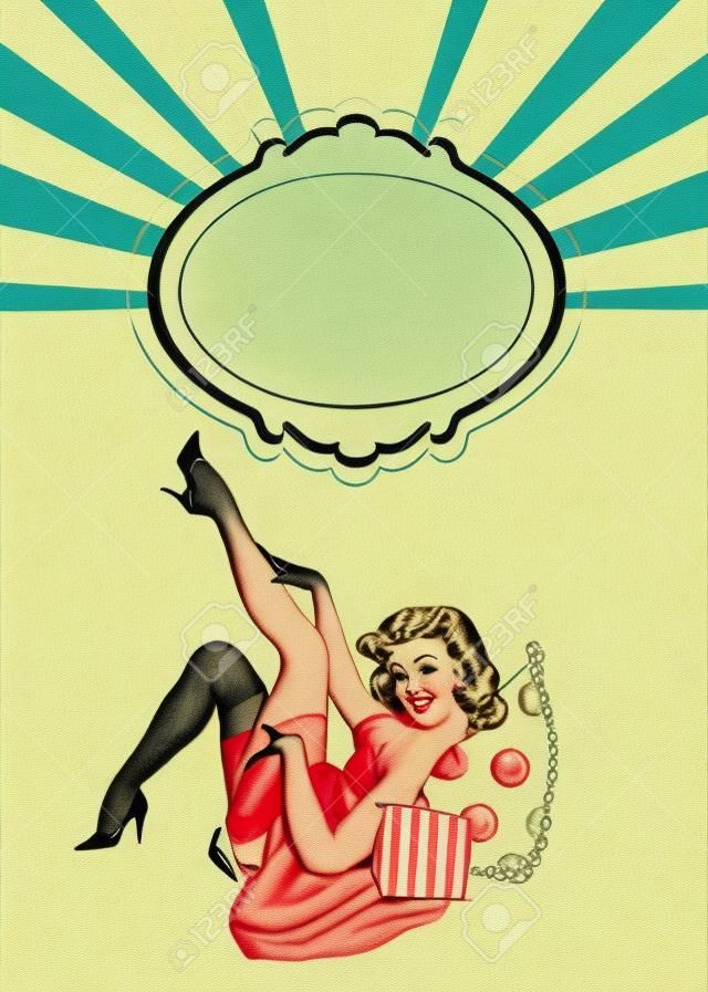 Pin up ilustração da mulher com o lugar para text.Pin up girl. Convite de festa. Cartão de aniversário.Vintage cartão
