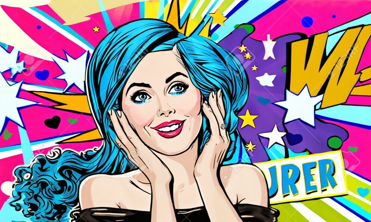 Pop Art illustration of blue head girl on Pop art  background.Pop Art girl. Party invitation. Birthday greeting card. Advertising poster. Comic woman. Romantic girl hiding her face.