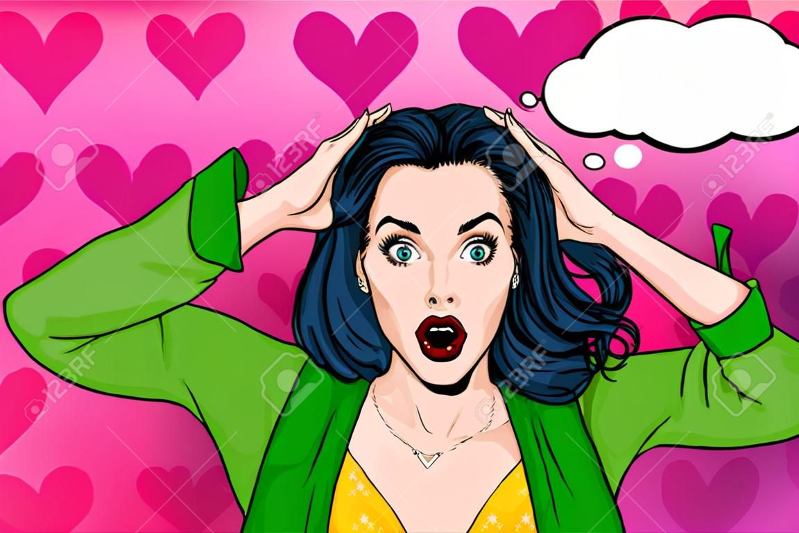 Pop Art illustration, surprised girl.Comic woman. Shocked woman on pink background. OMG