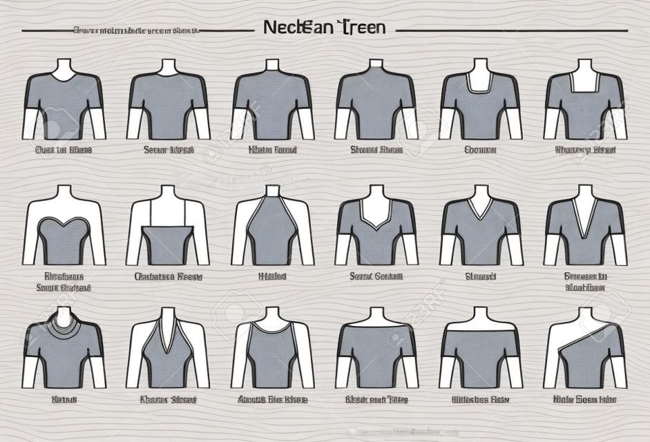 illustration set of various neckline types for women's' fashion. Eighteen neck lines in flat linear style