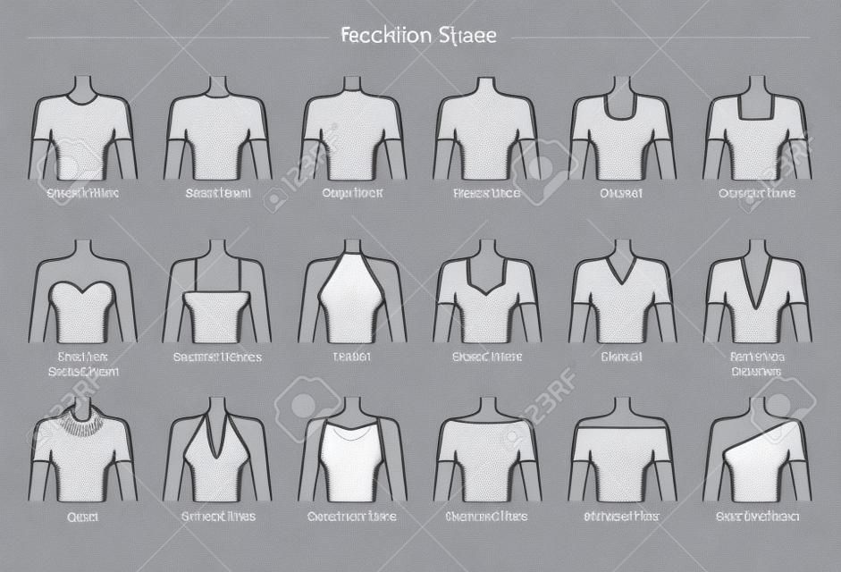 ilustración conjunto de varios tipos de escote para la moda de las mujeres. Dieciocho líneas de cuello en estilo lineal plano