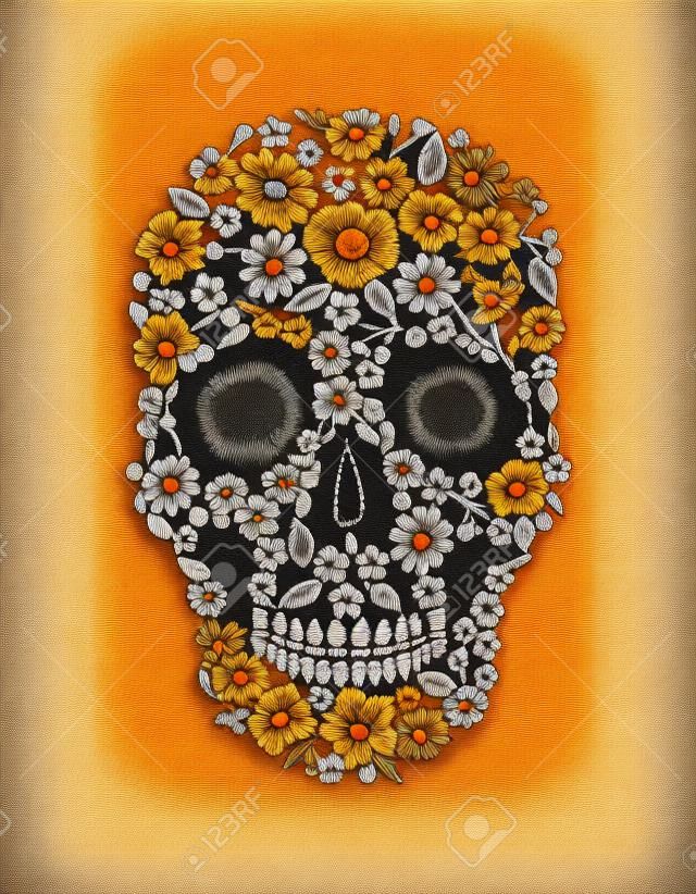 Vintage hímzett virág koponya. Muertos Dead Day Divattervező dekoráció. Narancssárga körömvirág daisy kamilla szép elszigetelt fekete háttér. Üdvözlő meghívó vektoros illusztráció