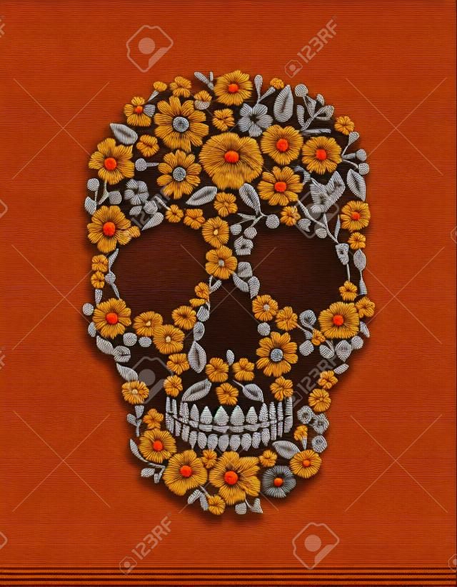 Cráneo bordado vintage de la flor. Muertos Dead Day Moda decoración de diseño de impresión. Orange marigold margarita manzanilla hermosa aislado sobre fondo negro. Saludo ilustración vectorial de invitación