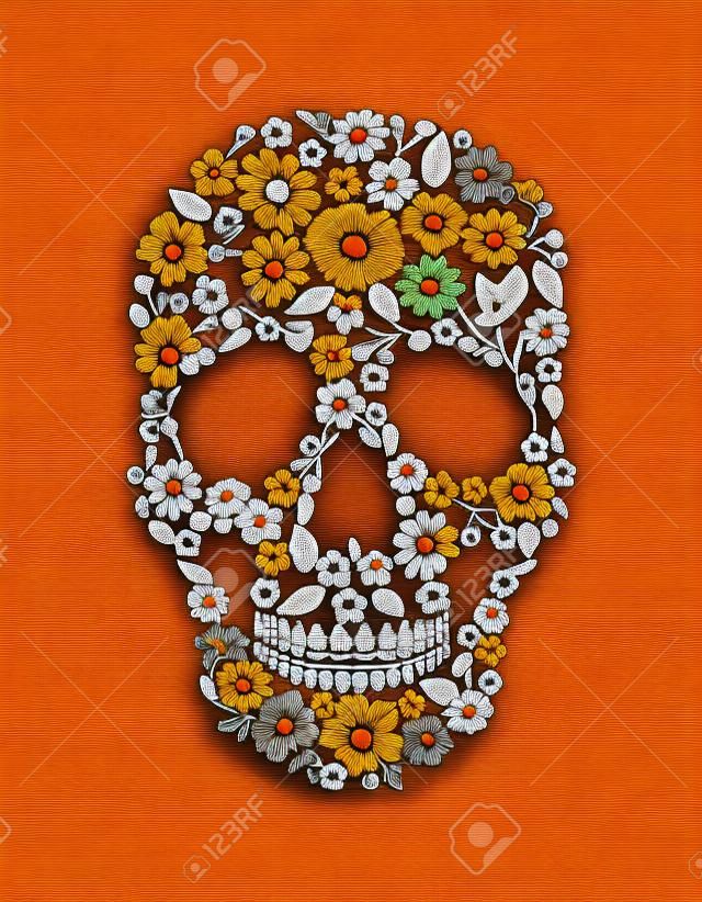Vintage embroidered flower skull. Muertos Dead Day Fashion design decoration print. Orange marigold daisy chamomile beautiful isolated on black background. Greeting invitation vector illustration