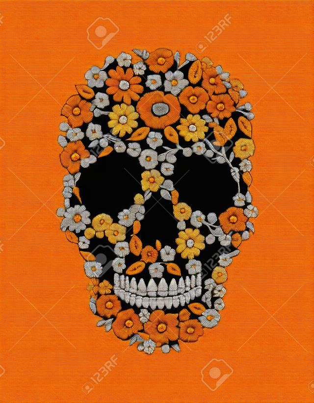 Vintage embroidered flower skull. Muertos Dead Day Fashion design decoration print. Orange marigold daisy chamomile beautiful isolated on black background. Greeting invitation vector illustration