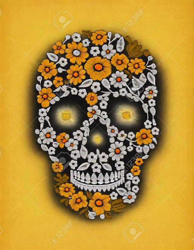 Vintage hímzett virág koponya. Muertos Dead Day Divattervező dekoráció. Narancssárga körömvirág daisy kamilla szép elszigetelt fekete háttér. Üdvözlő meghívó vektoros illusztráció