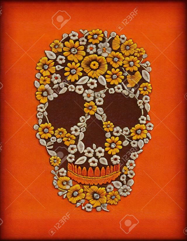 Weinlese gestickter Blumenschädel. Muertos Dead Day Modedesign-Dekorationsdruck. Orange Ringelblume Daisy Kamille schön isoliert auf schwarzem Hintergrund. Grußeinladung Vektor-Illustration