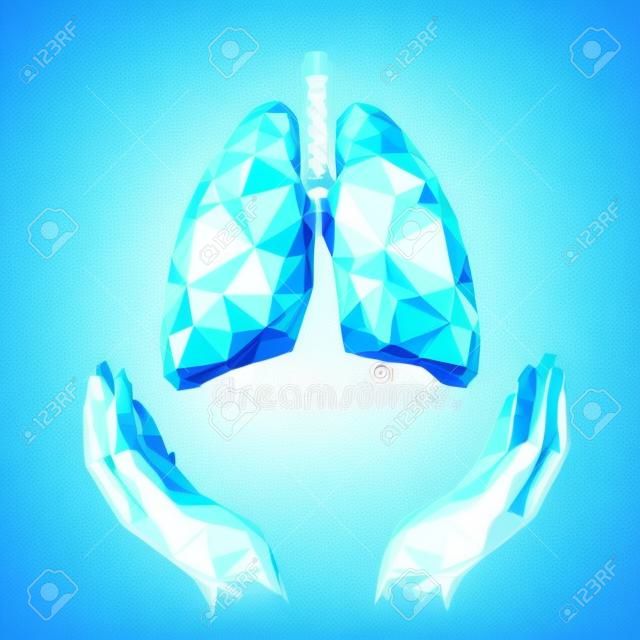 World Tuberculosis Day poster human lungs in hands blue background. TB awareness health care medicine center. Medical solidarity day concept low poly polygonal triangle line. Vector illustration.