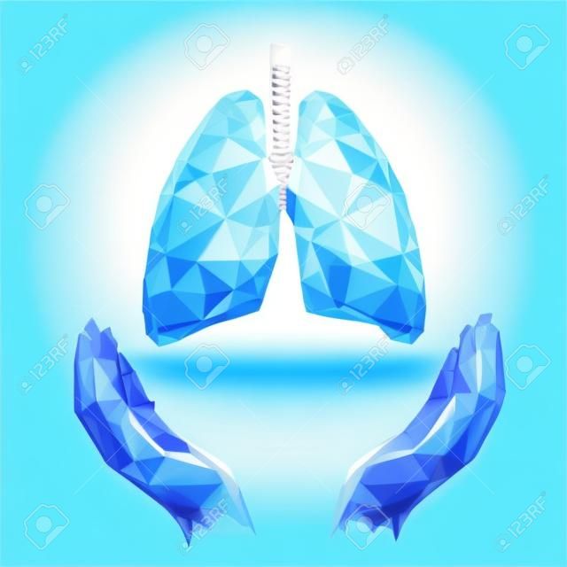 World Tuberculosis Day poster human lungs in hands blue background. TB awareness health care medicine center. Medical solidarity day concept low poly polygonal triangle line. Vector illustration.