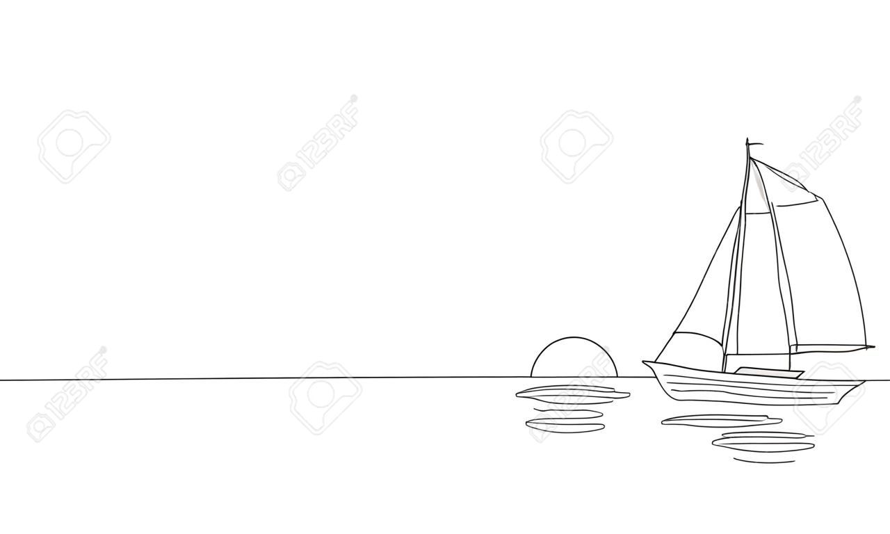 Single continuous one line art sunny ocean travel vacation. Sea voyage sunrise holiday tropical island ship yacht luxury journey sunset concept design sketch outline drawing vector illustration