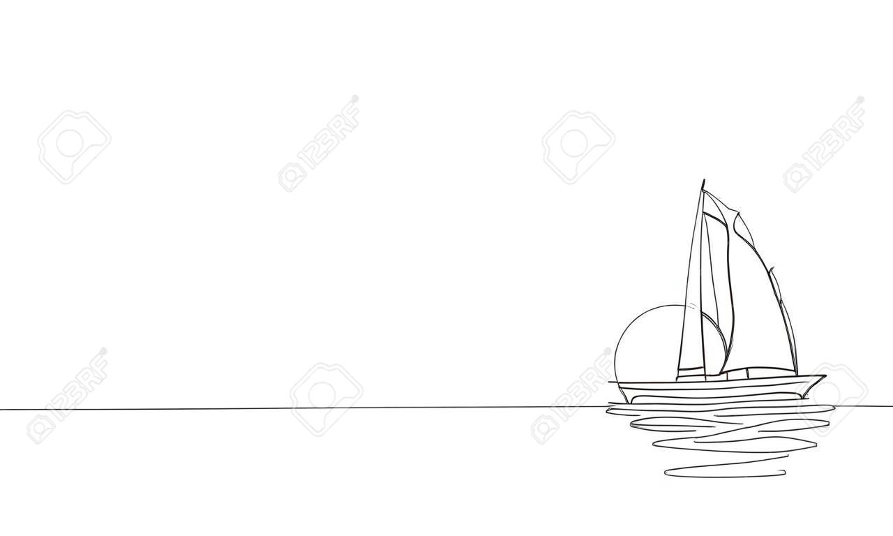 単一の連続1行アート日当たりの良い海の旅行休暇。海の航海日の出日の日の出の船ヨットの豪華な旅の旅の概念の概念の設計スケッチの輪郭ベクトルのイラスト