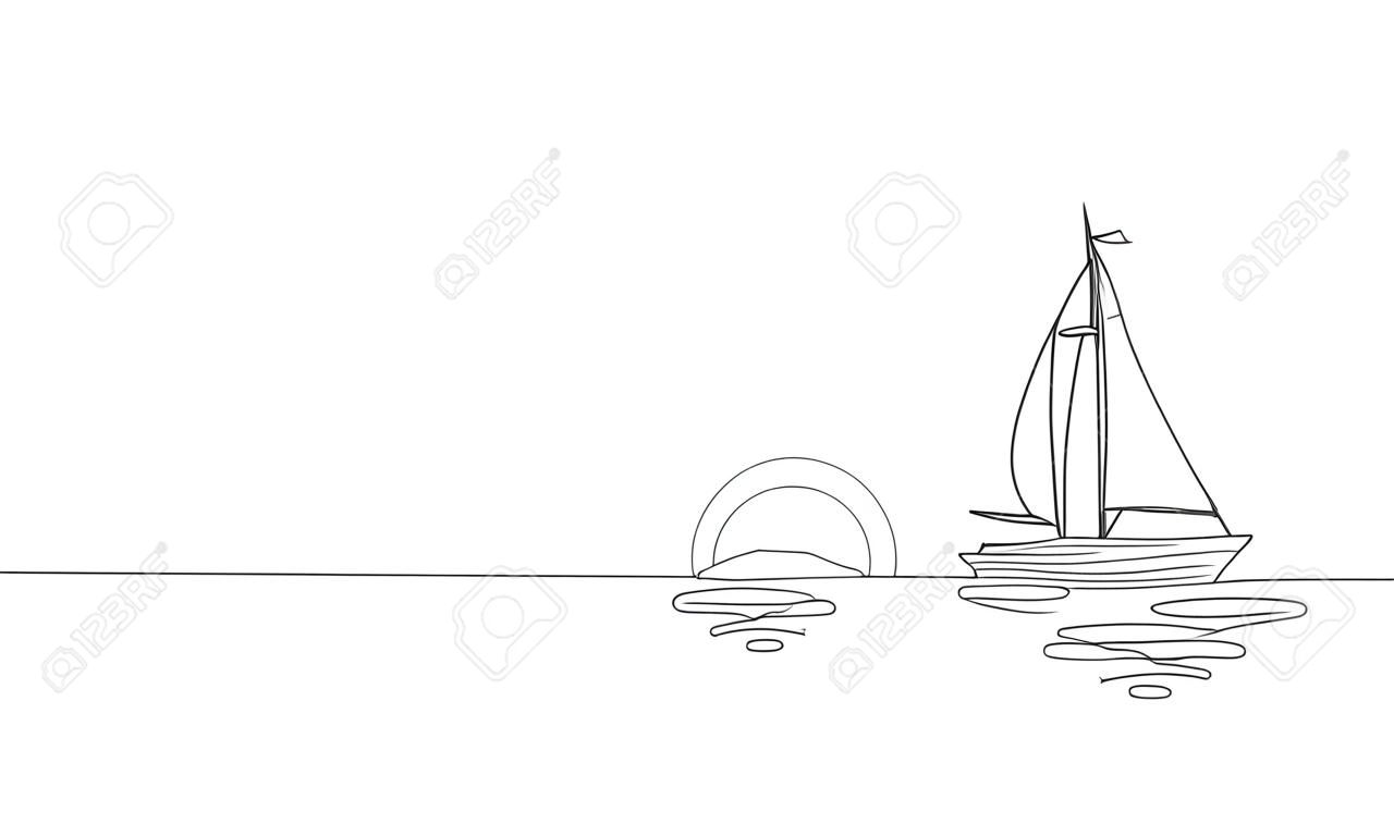 単一の連続1行アート日当たりの良い海の旅行休暇。海の航海日の出日の日の出の船ヨットの豪華な旅の旅の概念の概念の設計スケッチの輪郭ベクトルのイラスト