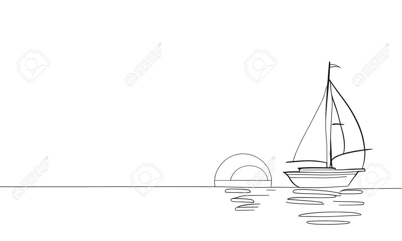 Single continuous one line art sunny ocean travel vacation. Sea voyage sunrise holiday tropical island ship yacht luxury journey sunset concept design sketch outline drawing vector illustration