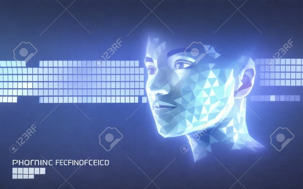 Biometrische Identifizierung des menschlichen Gesichts mit niedrigem Poly-Wert. Konzept des Anerkennungssystems. Innovative Technologie zum sicheren Zugriff auf personenbezogene Daten. 3D-Polygonal-Rendering-Vektor-Illustration