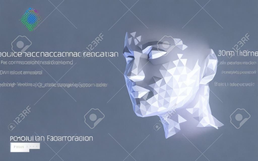 Identificación biométrica de rostro humano femenino de baja poli. Concepto de sistema de reconocimiento. Tecnología de innovación de escaneo de acceso seguro de datos personales. Ilustración de vector de renderizado poligonal 3D