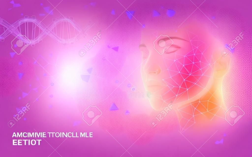 Molécula de ADN tratamiento esencia cosmética 3D. Cuidado de belleza médica poligonal de rostro femenino de baja poli. Medicina gen hélice estructura vitamina antienvejecimiento suero vector ilustración arte