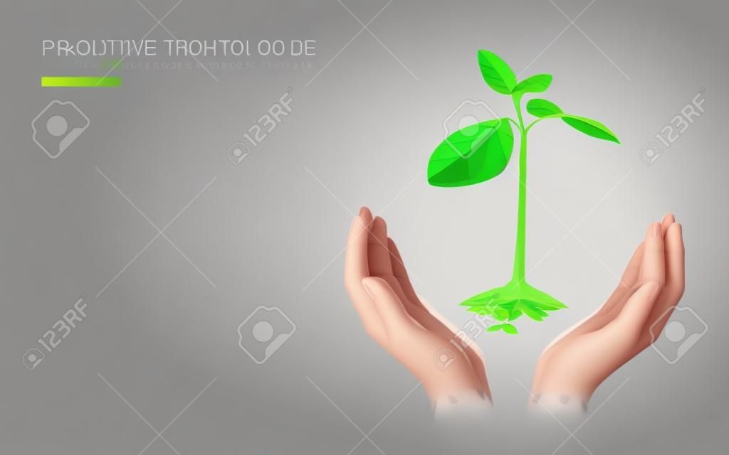 Mani che tengono il concetto astratto ecologico del germoglio della pianta. 3D rendono le foglie dell'albero della piantina. Salva il pianeta natura ambiente coltiva la vita eco poligono triangoli low poly illustrazione vettoriale art