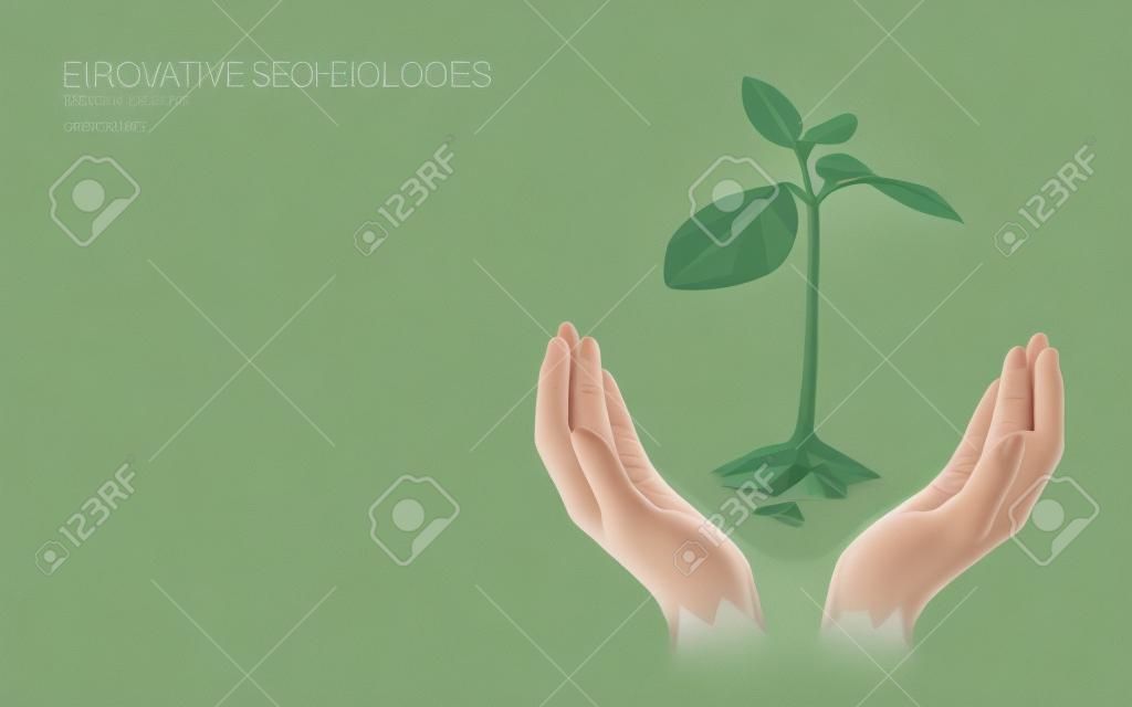 Mani che tengono il concetto astratto ecologico del germoglio della pianta. 3D rendono le foglie dell'albero della piantina. Salva il pianeta natura ambiente coltiva la vita eco poligono triangoli low poly illustrazione vettoriale art