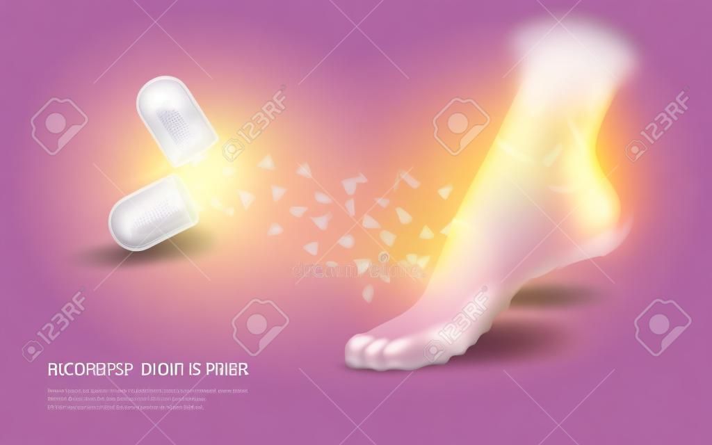 Women foot skin disease drug treatment. Pain ankle joint relief pill capsule pharmacy medicine help. Drugstore banner template vector illustration