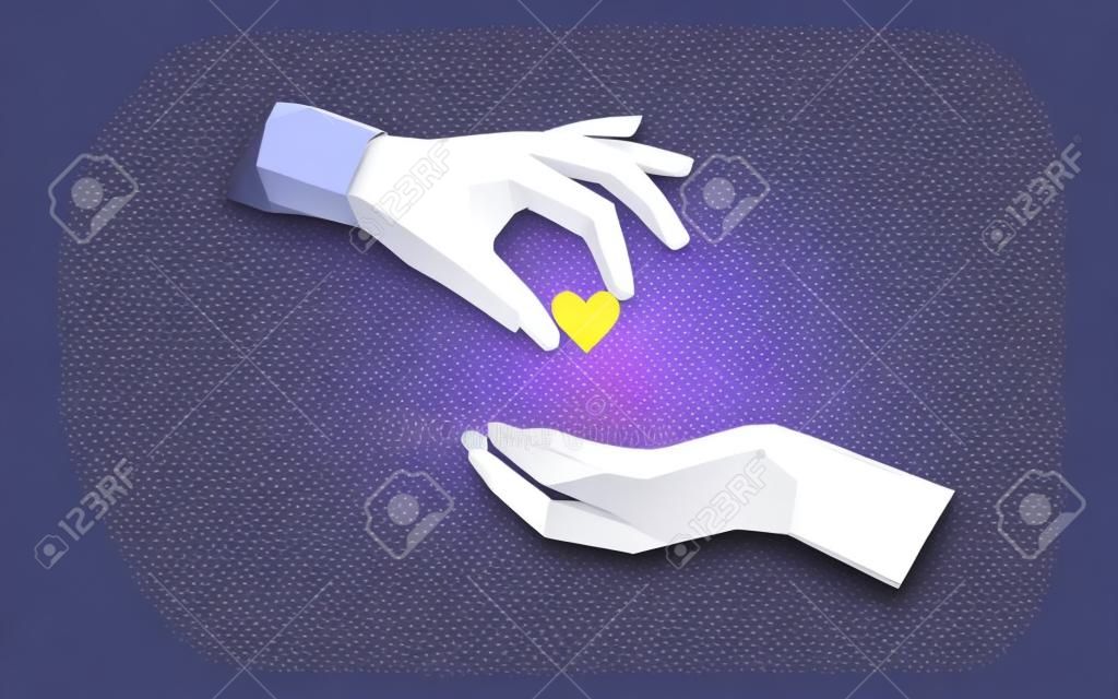 Fundraising giving heart symbol money hand. Charity volunteer giving donate social project. Finance funding dark low poly vector illustration