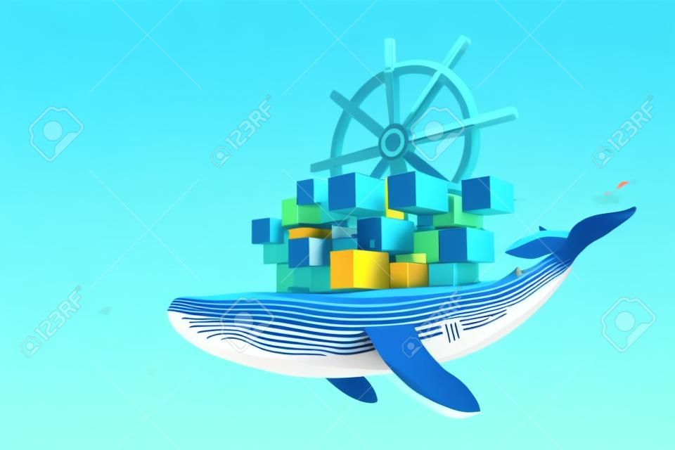 Whale and container computer docker developer app concept. Programa de código aberto digital de negócios. Direção de codificação de dados 3D low polygonal vector line illustration