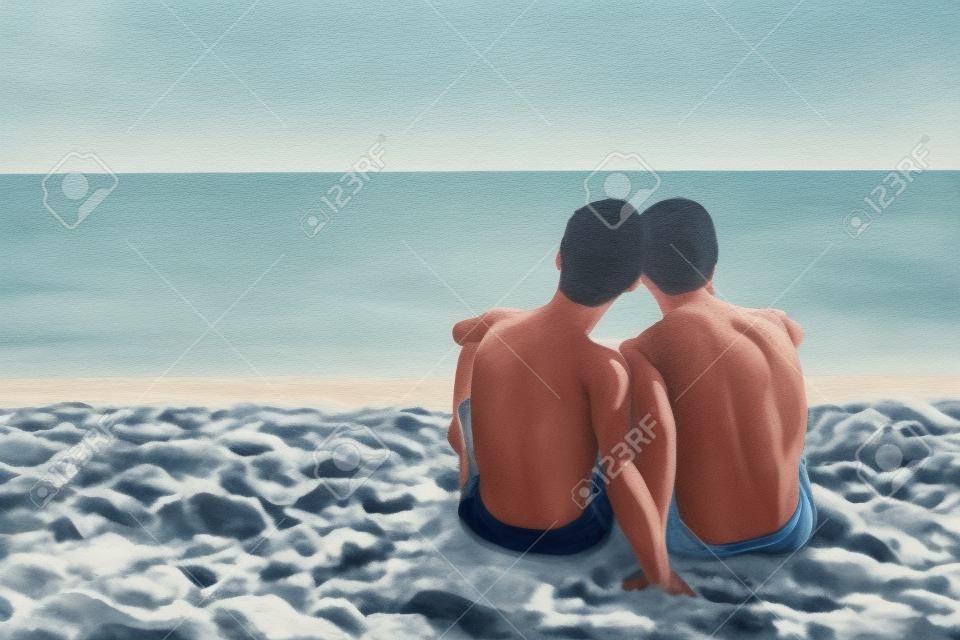 Boys together in the beach looking at the sea