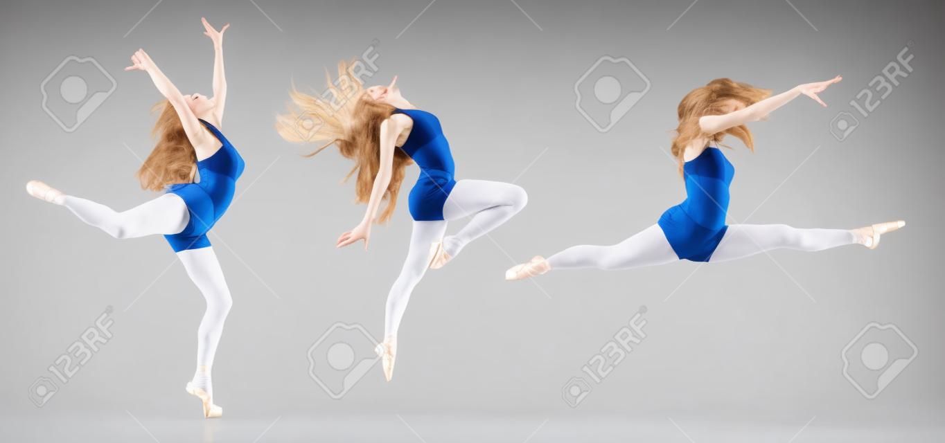 흰색 배경 위에 젊은 발레 댄서 점프