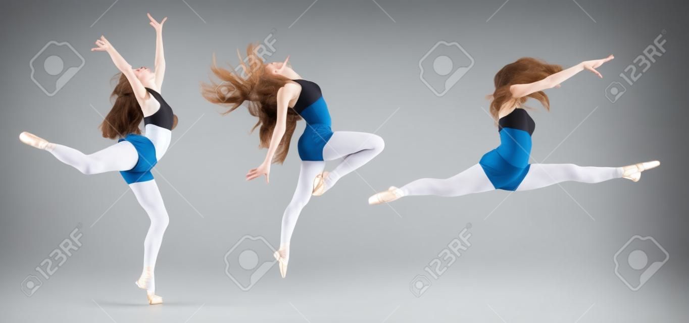 흰색 배경 위에 젊은 발레 댄서 점프