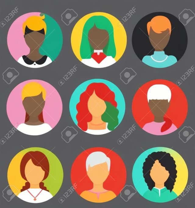Women faceless avatars. Female human anonymous portraits, woman round vector profile avatar icons, website users head pictures. Women persons portraits collection