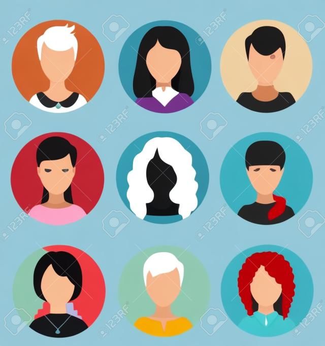 Avatares de mujeres sin rostro. Retratos anónimos humanos femeninos, iconos de avatar de perfil de vector redondo de mujer, imágenes de cabeza de usuarios de sitios web. Colección de retratos de personas de mujeres