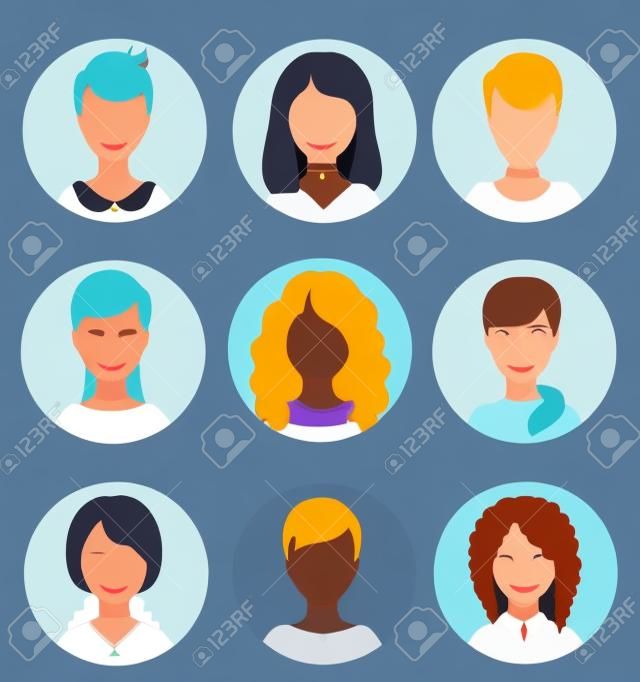 Women faceless avatars. Female human anonymous portraits, woman round vector profile avatar icons, website users head pictures. Women persons portraits collection