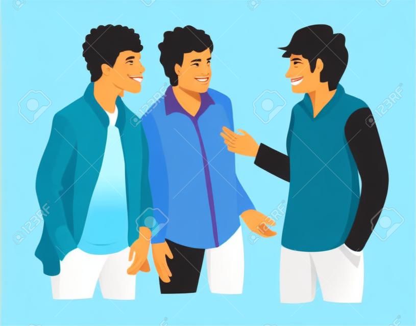 Three young man talking together to each other. Different nationalities and races. Male friendship, friends spending time together. multiethnic people talking. Flat Cartoon Vector Illustration