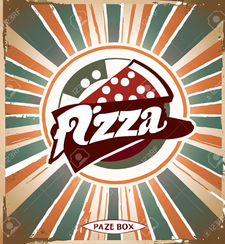 Diseño del signo de la pizza, fondo, plantilla o caja de pizza de la vendimia