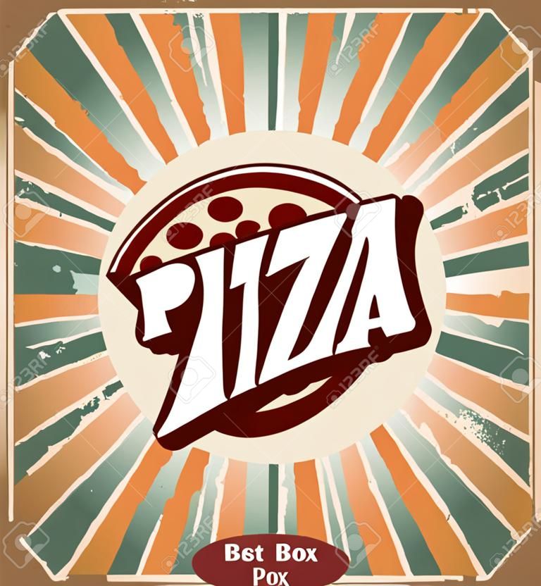 Diseño del signo de la pizza, fondo, plantilla o caja de pizza de la vendimia