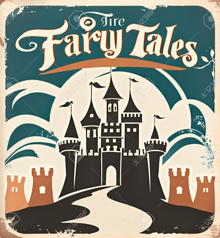 Vintage fairy tales vector poster design  Retro castle illustration 