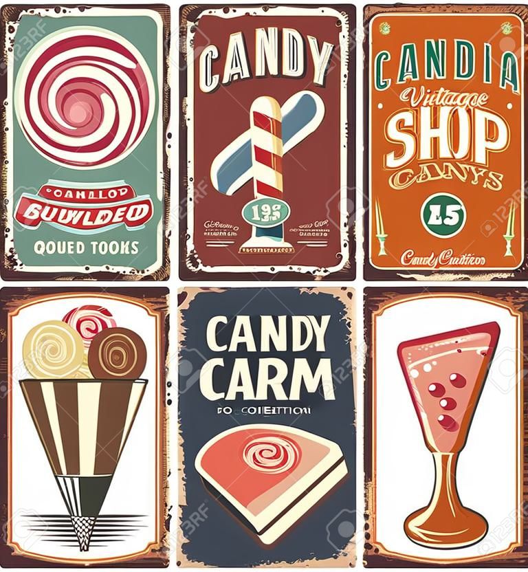 Vintage candy shop zbiór znaków cyny