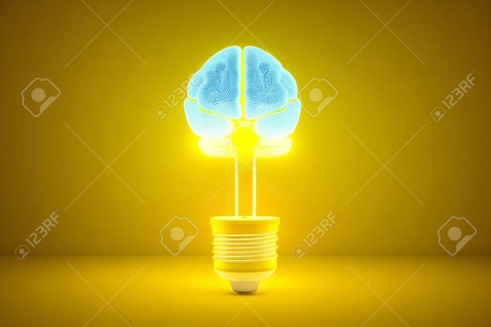 脳の刺激。黄色い背景に脳を持つ電球。3Dレンダリング。