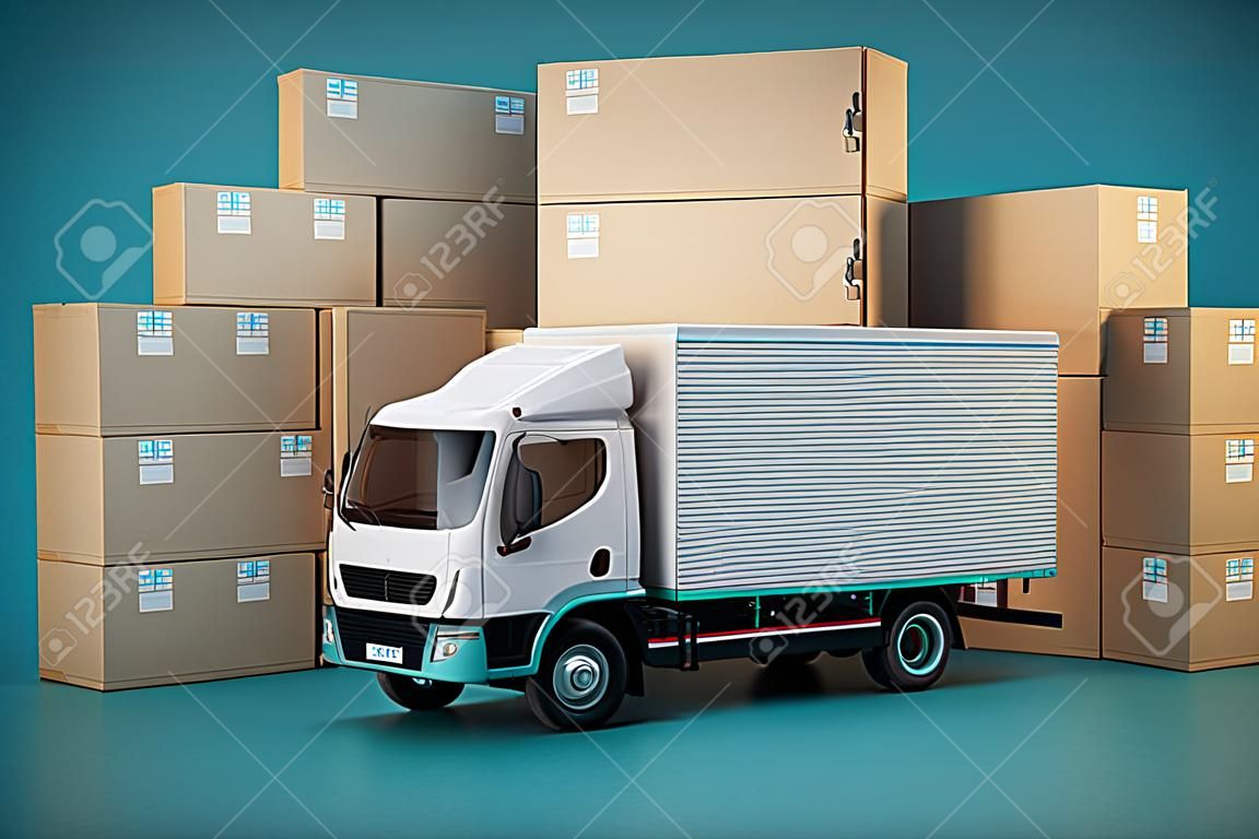 delivery of oversized cargoes. truck and boxes with parcels on a turquoise background. 3D rendering.