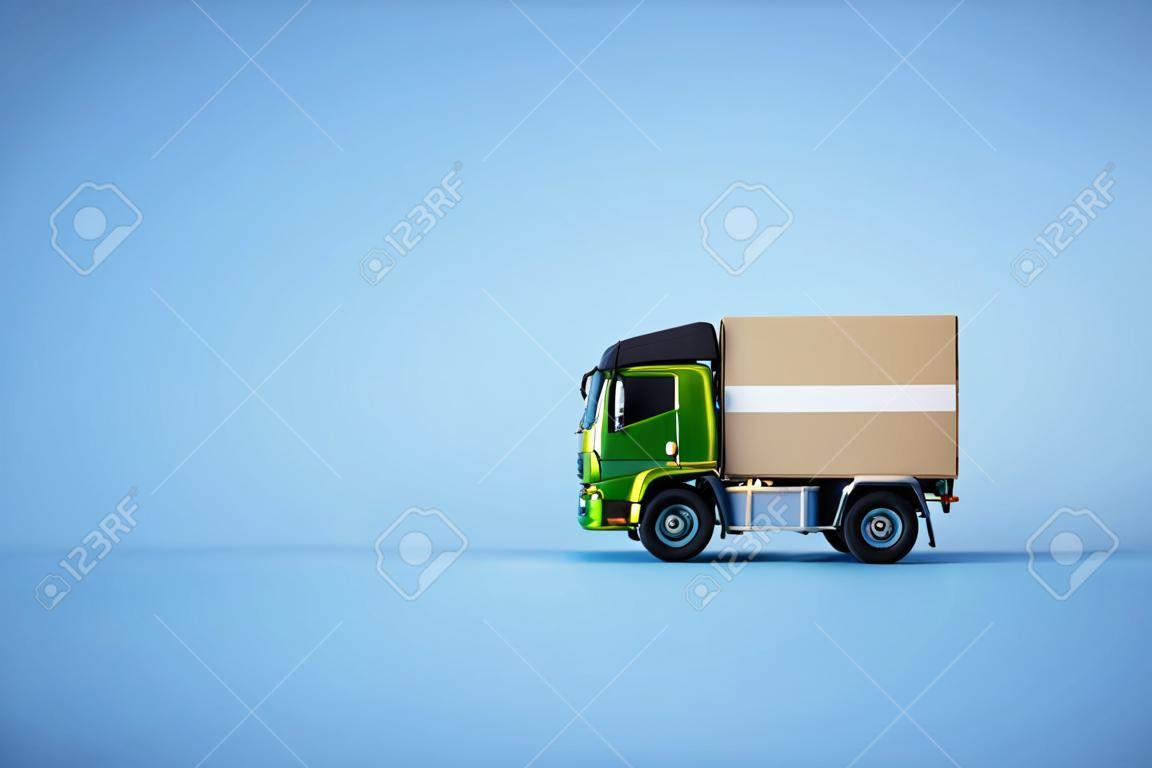 Truck model and cardboard box on light blue background. courier service. 3d rendering.