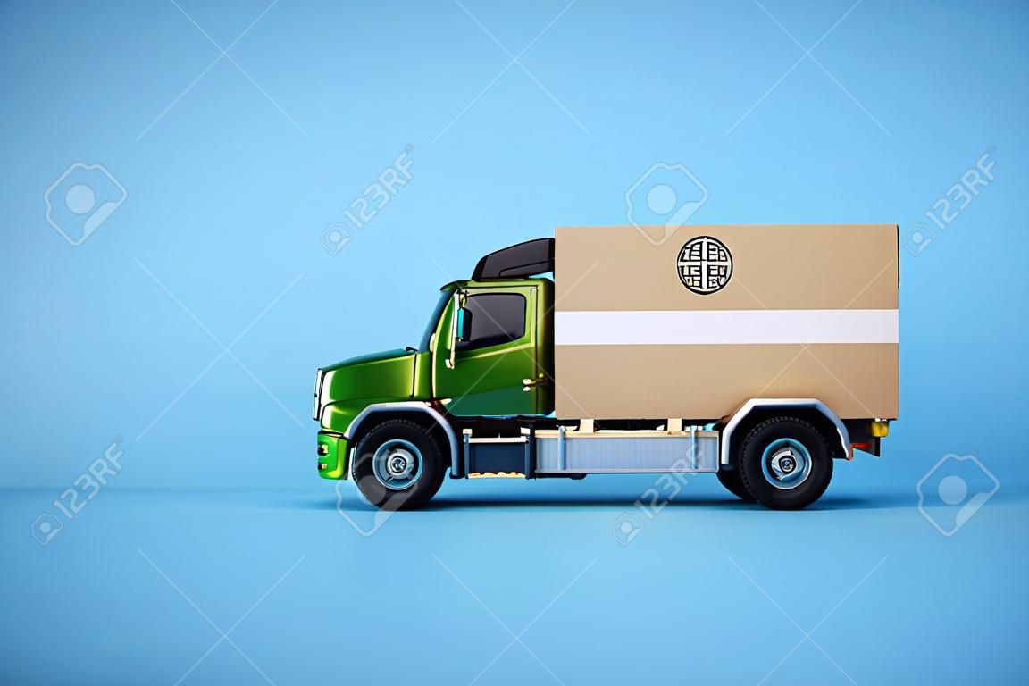 Truck model and cardboard box on light blue background. courier service. 3d rendering.