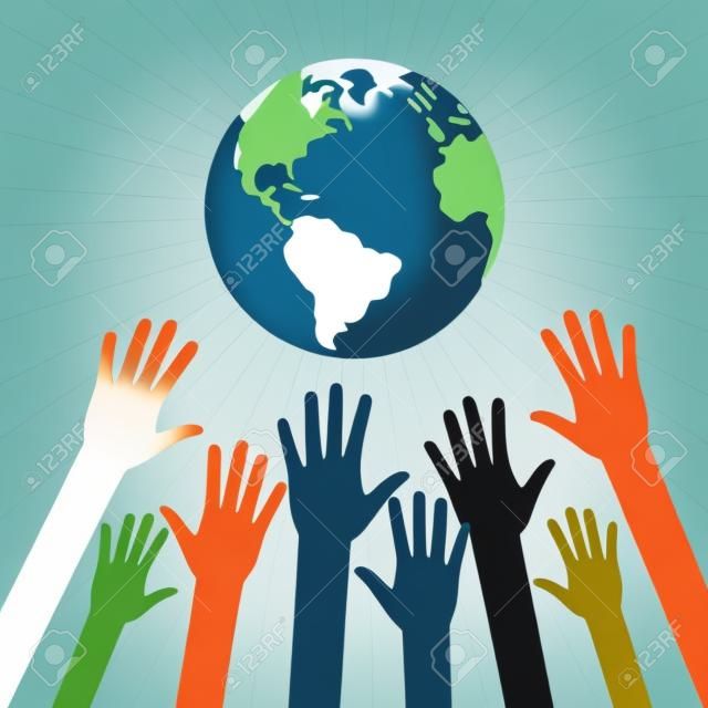 Hände von Menschen zu verschiedenen Farben Globus gezogen. Ökologische und humanitäre Konzepte in flachen Stil. Vektor-Illustration zum Thema: Außer unserem Planeten.