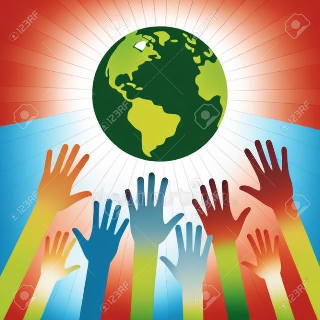 Hände von Menschen zu verschiedenen Farben Globus gezogen. Ökologische und humanitäre Konzepte in flachen Stil. Vektor-Illustration zum Thema: Außer unserem Planeten.