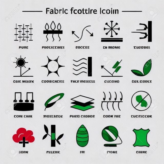 Fabric and clothes feature line icons. Linear wear labels. Elements - cotton, wool, waterproof, uv protection, breathable fiber and more. Textile industry pictograms with editable stroke for garments.