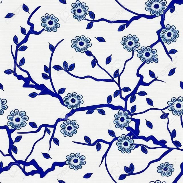 Oosters bloemenpatroon. Blauwe en witte keramische achtergrond. Chinees porselein schilderen.