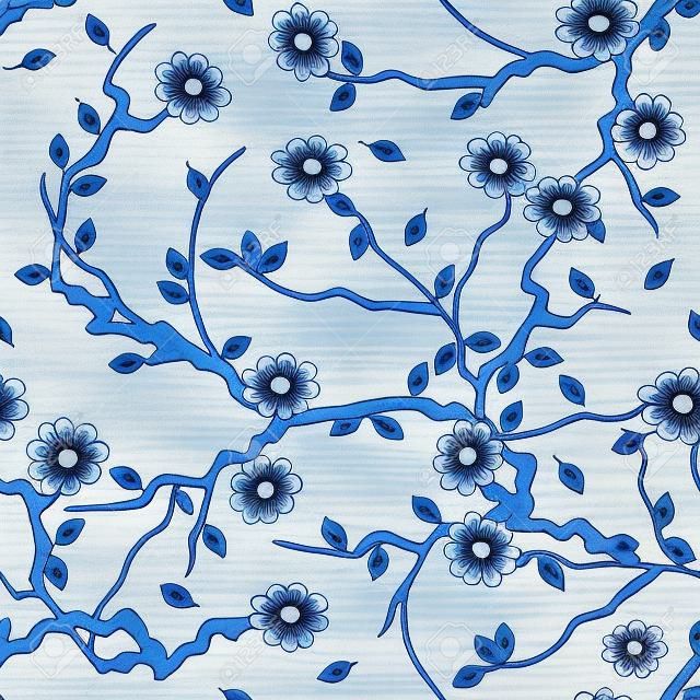 Oosters bloemenpatroon. Blauwe en witte keramische achtergrond. Chinees porselein schilderen.