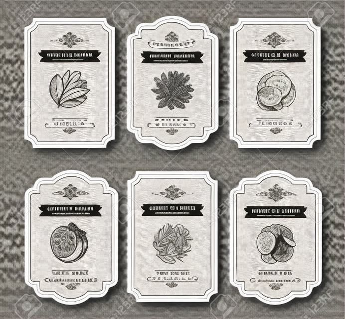 Konfigurowalna czarno-biała kolekcja etykiet Pantry. Szablony projektów opakowań vintage na zioła i przyprawy, suszone owoce, warzywa, orzechy itp