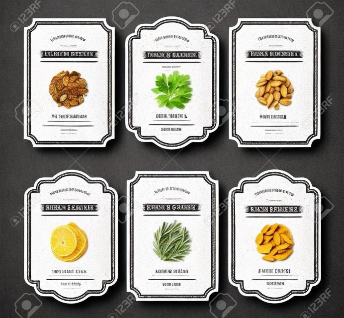 Anpassbare Schwarz-Weiß-Pantry-Etikettenkollektion. Vintage Verpackungsdesignvorlagen für Kräuter und Gewürze, Trockenfrüchte, Gemüse, Nüsse usw.