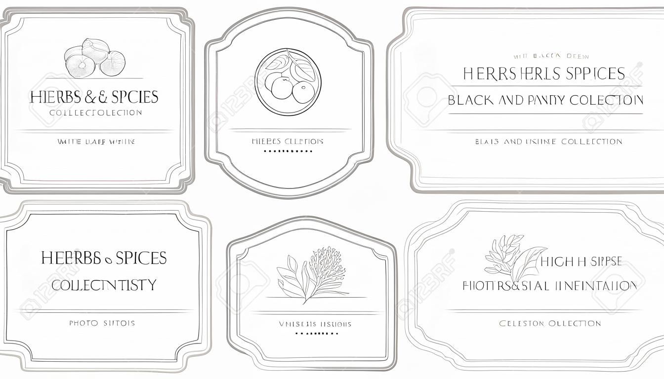 Coleção personalizada de etiquetas de despensa em preto e branco. Modelos de design de embalagem vintage para ervas e especiarias, frutas secas, legumes, nozes etc.
