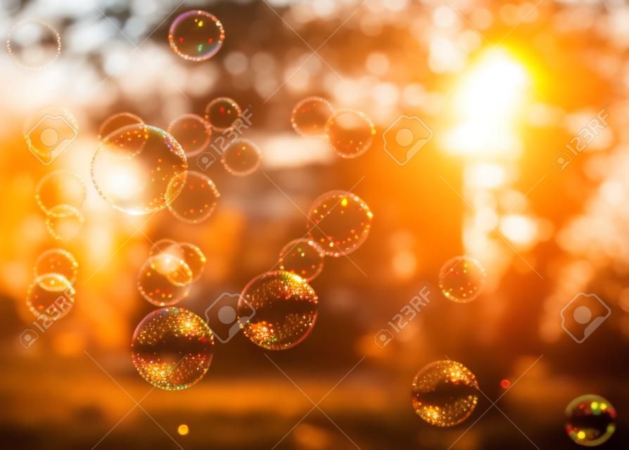 Des bulles de savon dans le coucher du soleil avec un beau bokeh